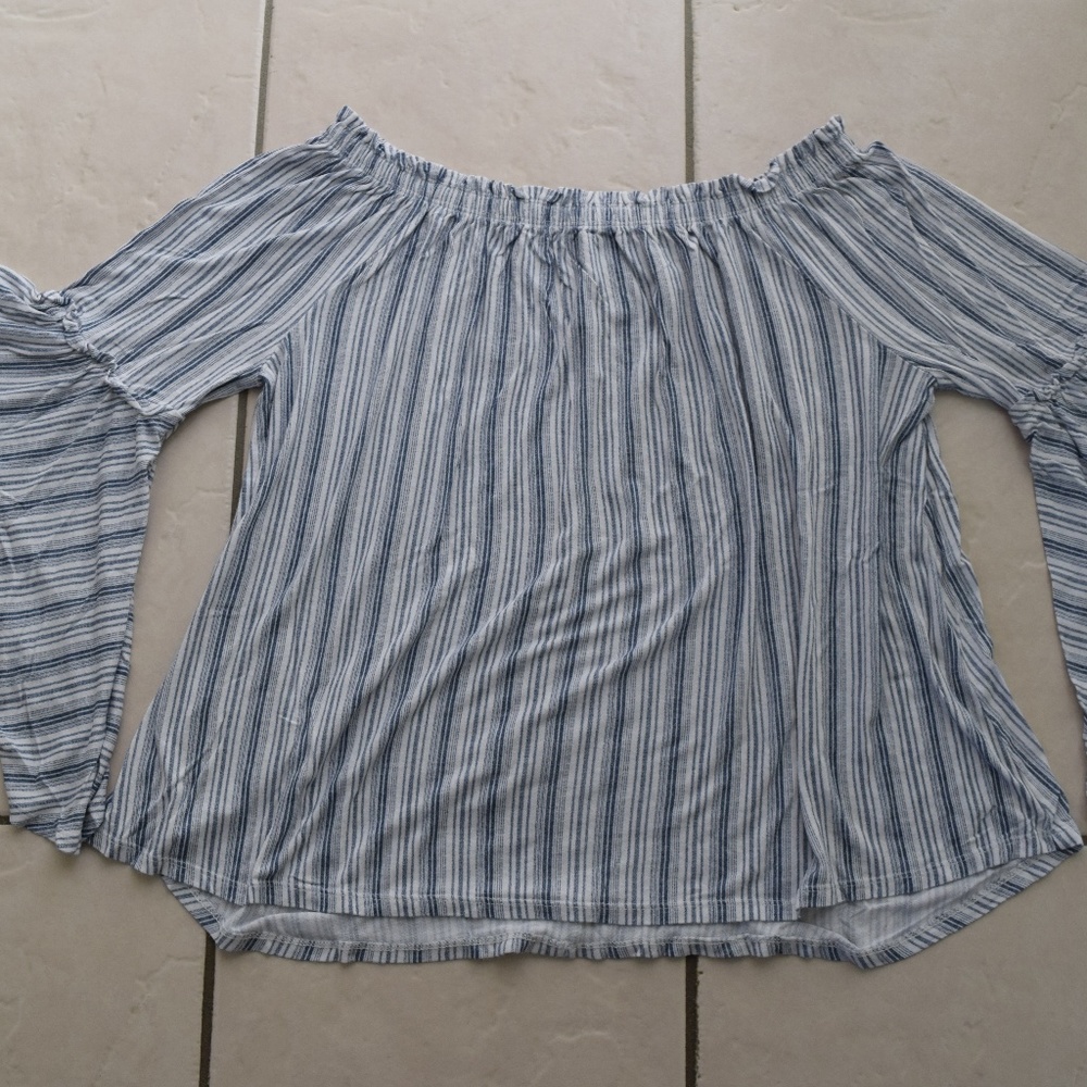 Time and Tru Blue Stripe Off Shoulder Peasant Top